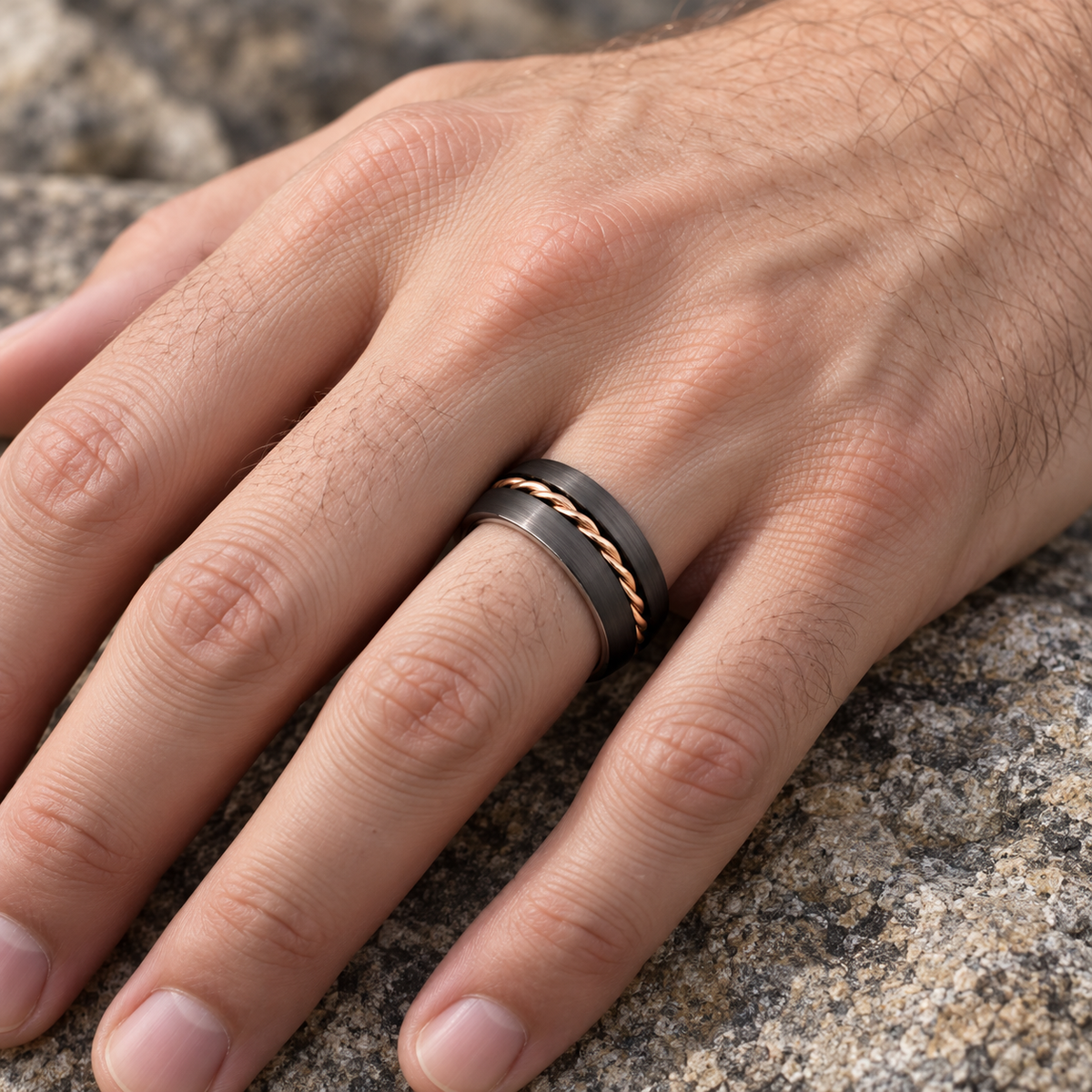 8mm Gunmetal Tungsten Band with Rose Twisted-Wire Inlay worn on hand lifestyle view — TR999