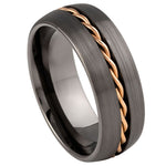 8mm Gunmetal Tungsten Band with Rose Twisted-Wire Inlay on white background