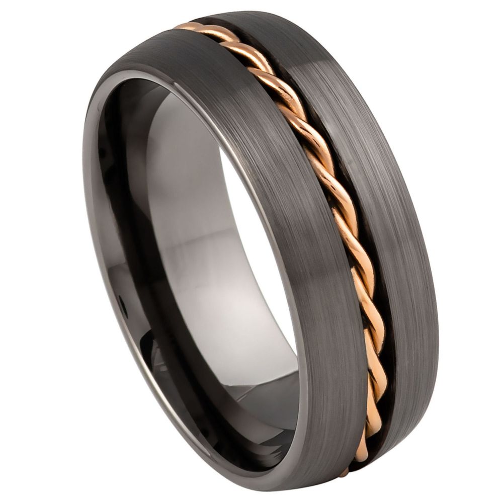 8mm Gunmetal Tungsten Band with Rose Twisted-Wire Inlay on white background
