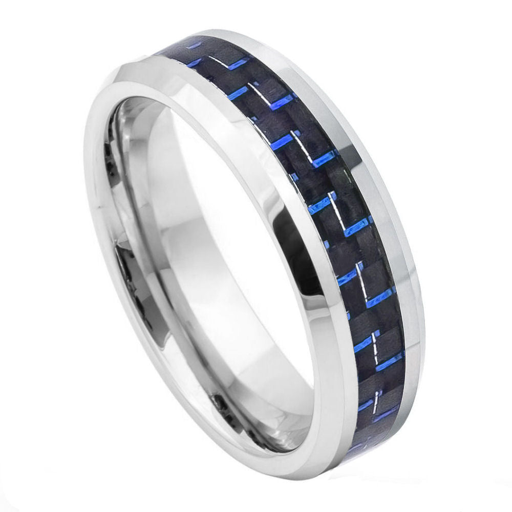 6mm Silver Tungsten Band with Blue Carbon Fiber Inlay
