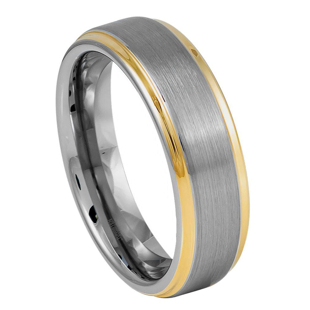 6mm Tungsten Brushed Band with Yellow Stepped Edges