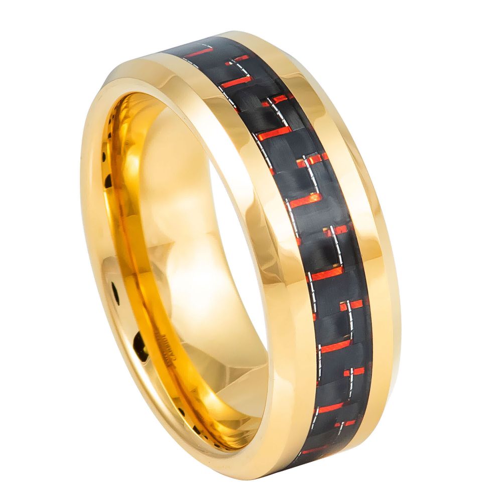 8mm Yellow Tungsten Band with Red Carbon Fiber Inlay