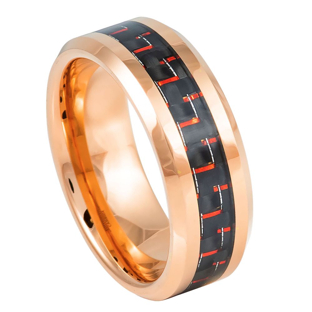 8mm Rose Tungsten Band with Red Carbon Fiber Inlay