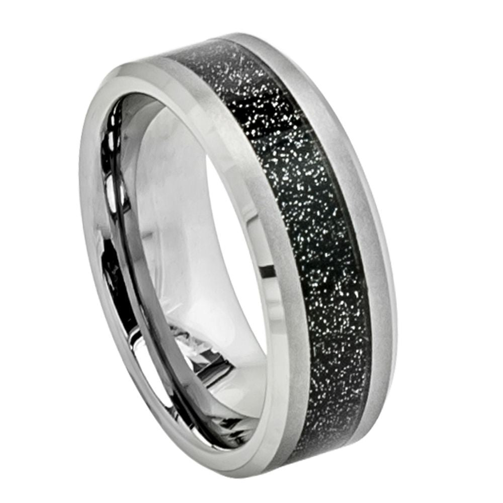 8mm Silver Tungsten Band with Black Stardust Inlay