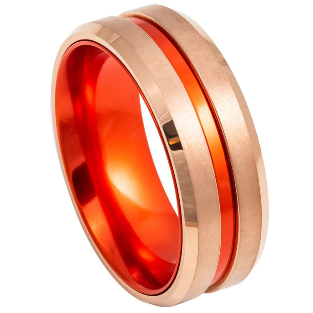 8mm Rose Tungsten Brushed Band with Red Center Groove