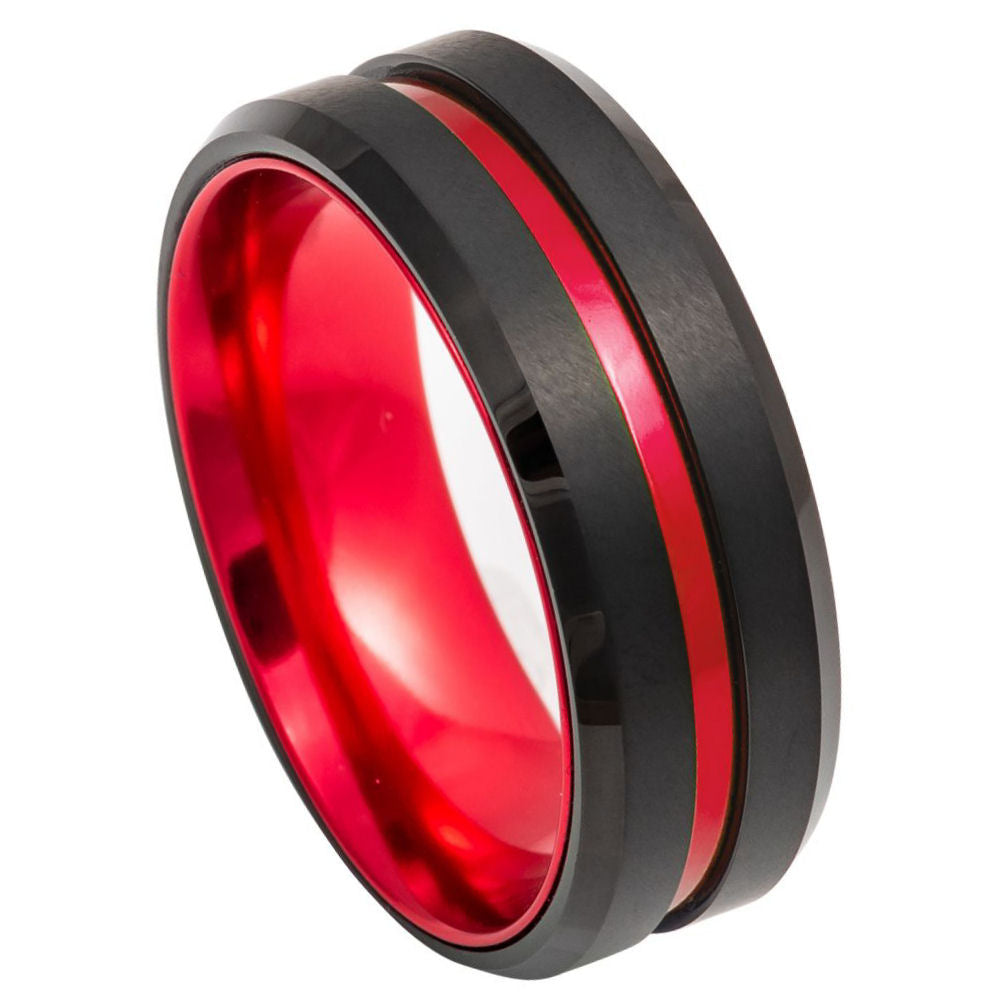 8mm Black Tungsten Brushed Band with Red Center Groove