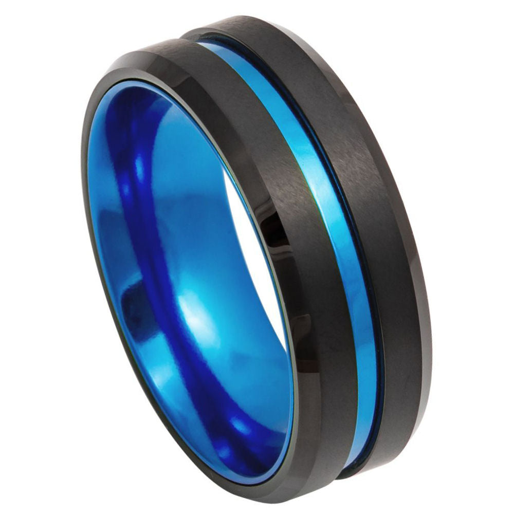8mm Black Tungsten Brushed Band with Blue Center Groove