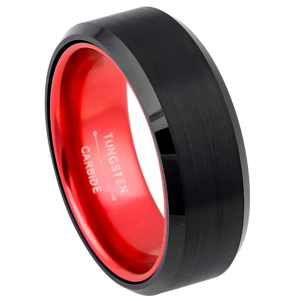 8mm Black Tungsten Brushed Band with Red Interior