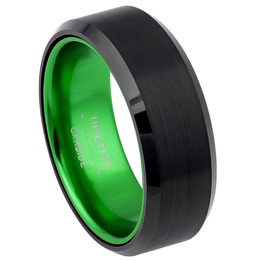 8mm Black Tungsten Brushed Band with Green Interior