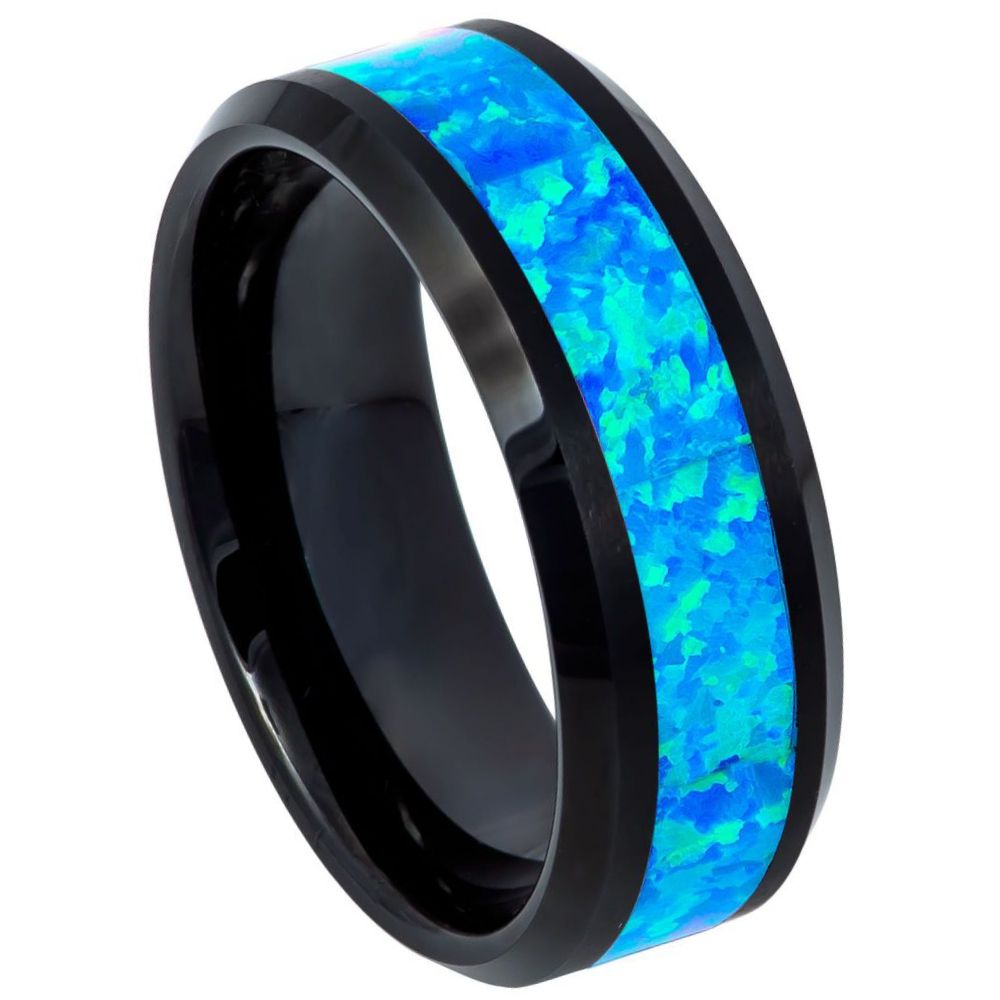8mm Black Tungsten Band with Blue Opal Inlay