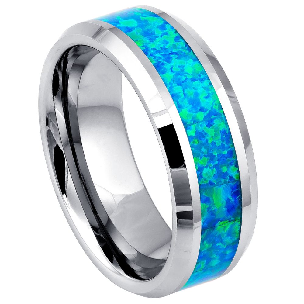 8mm Silver Tungsten Band with Blue Opal Inlay