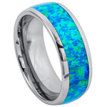 8mm Silver Tungsten Band with Wide Blue Opal Inlay