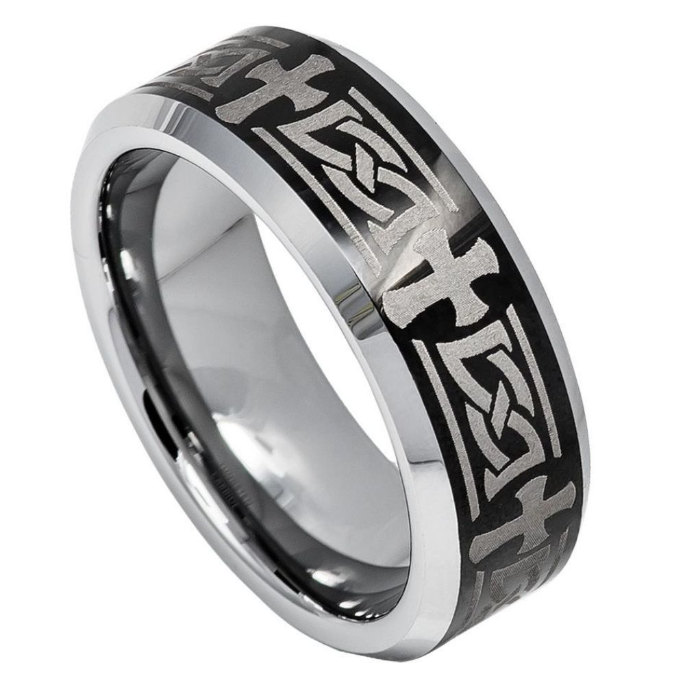 8mm Black & Silver Tungsten Cross-Pattern Band