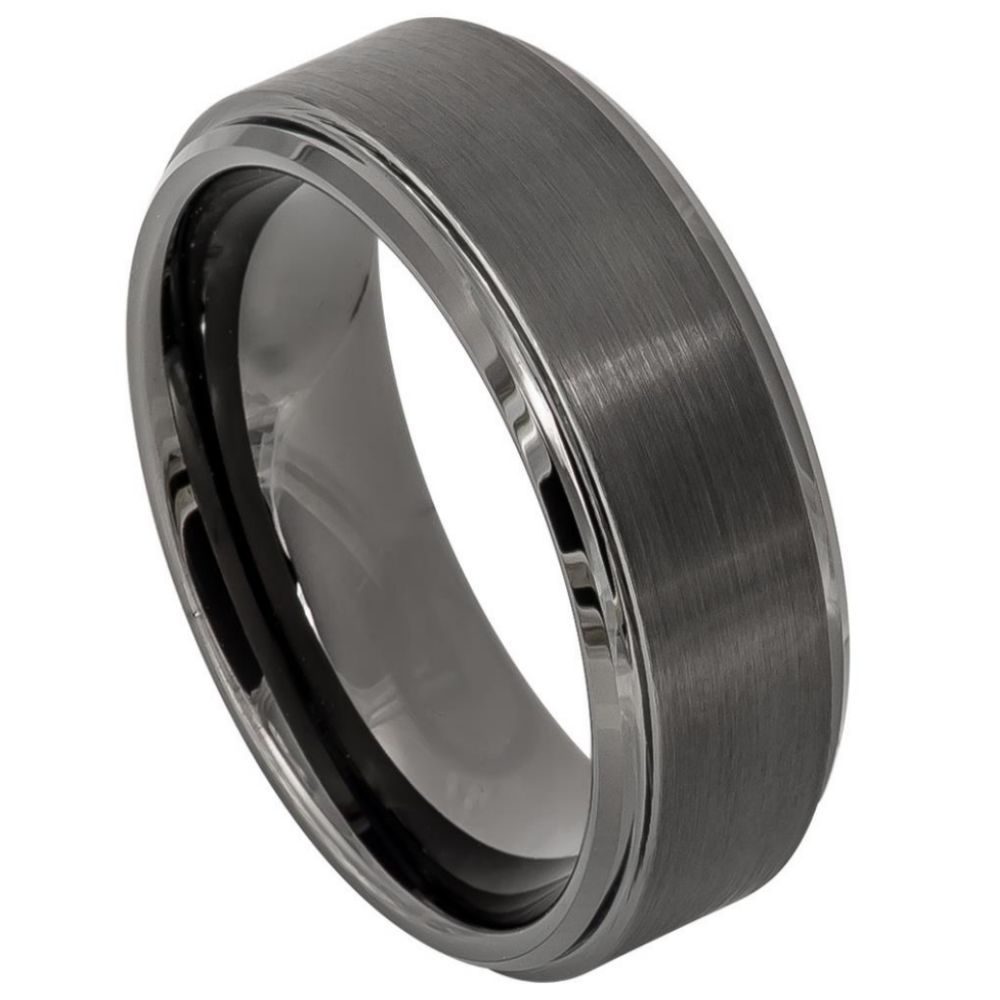 8mm Gunmetal Tungsten Brushed Band with Stepped Edges