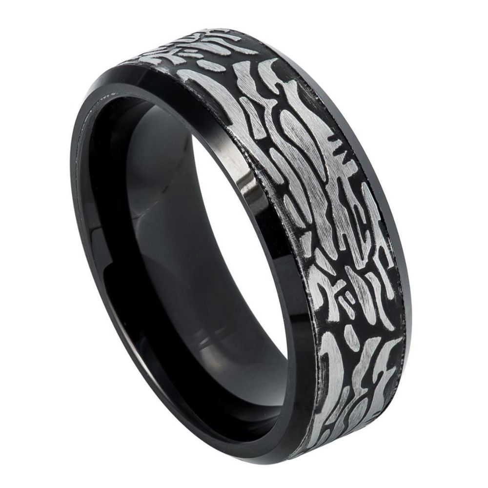 8mm Black & Silver Tungsten Abstract-Pattern Band