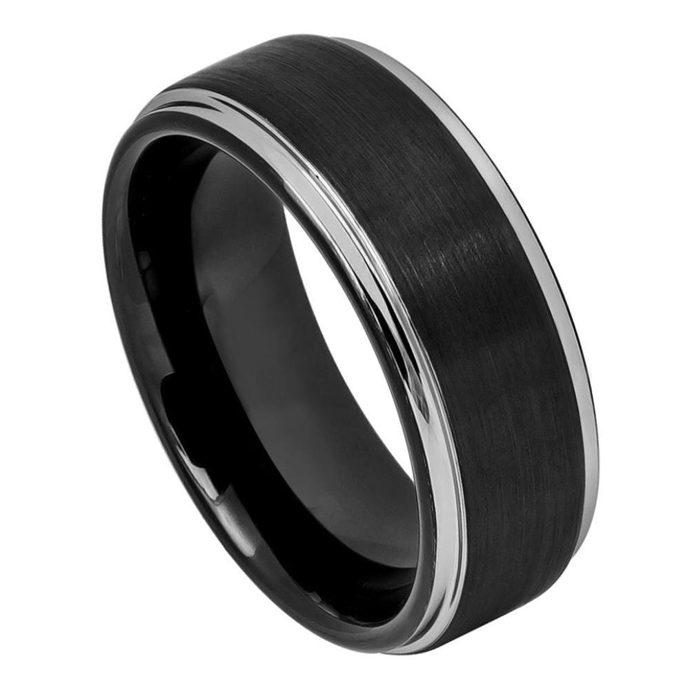 8mm Black Tungsten Brushed Band with Silver Double Grooves