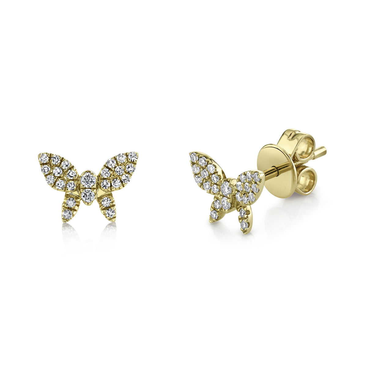A pair of 14K gold butterfly-shaped stud earrings with pavé diamond details.