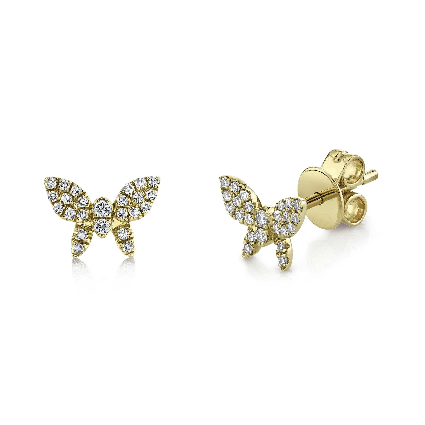 A pair of 14K gold butterfly-shaped stud earrings with pavé diamond details.