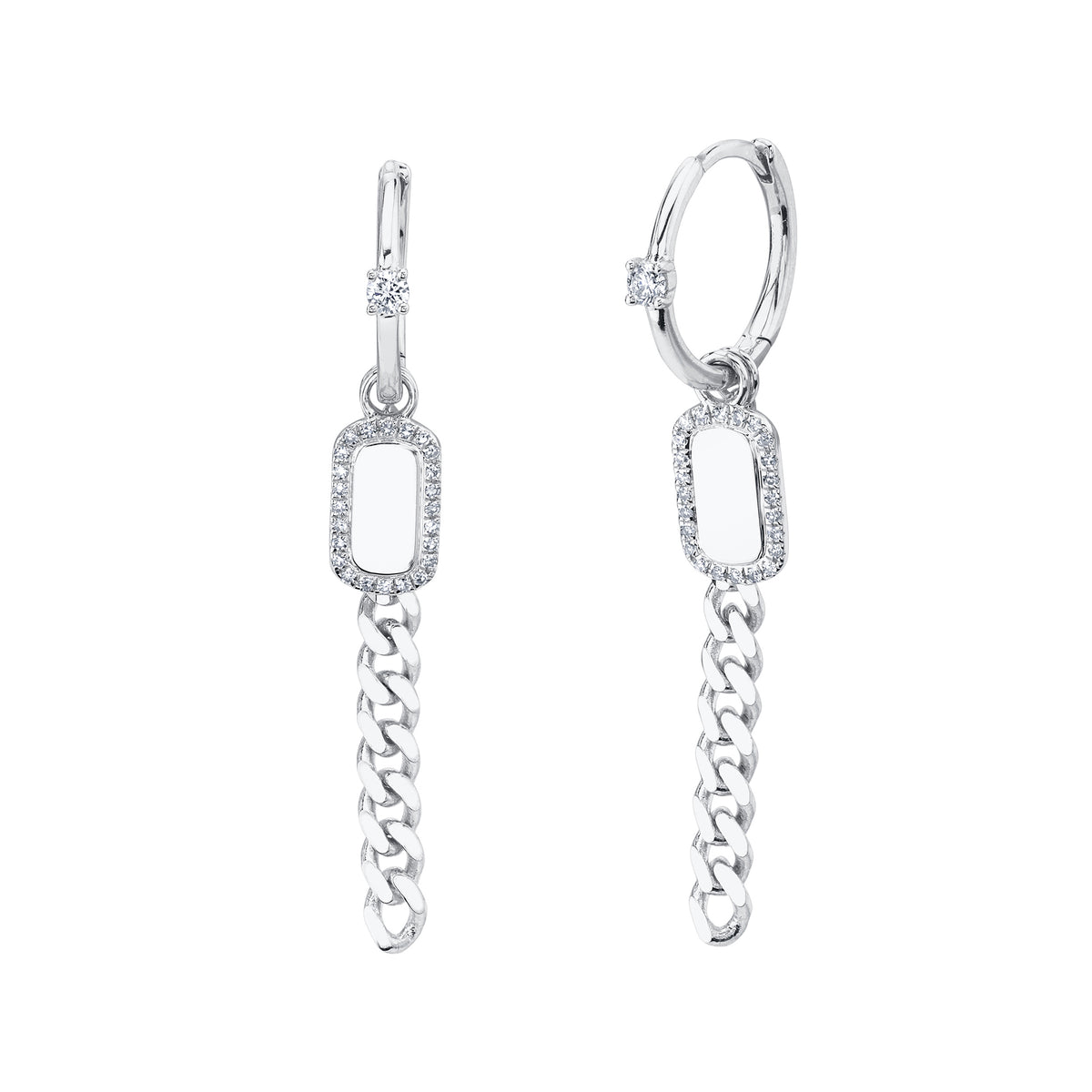 Diamond Dog Tag Link Huggie Earrings - Pasha Fine Jewelry