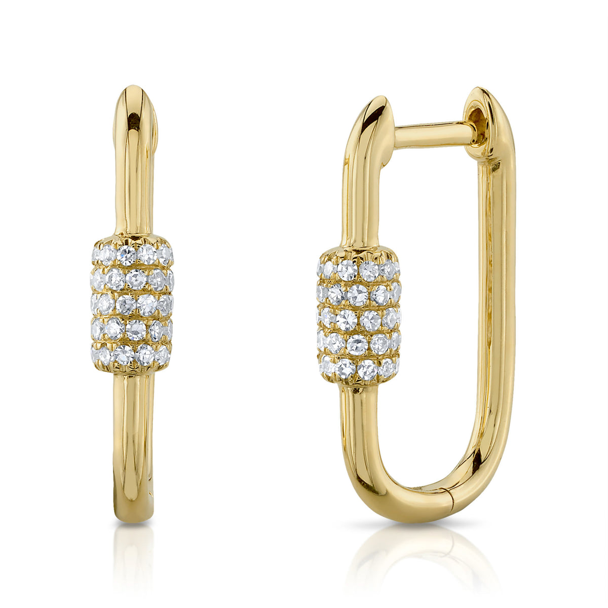 A pair of 14k gold hoop earrings with a diamond oblong design.