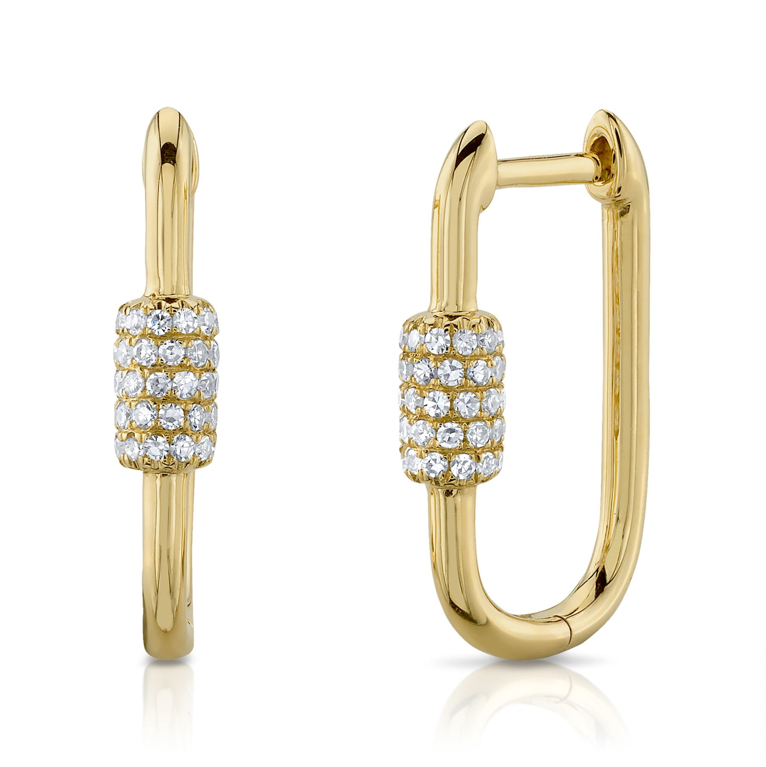 A pair of 14k gold hoop earrings with a diamond oblong design.