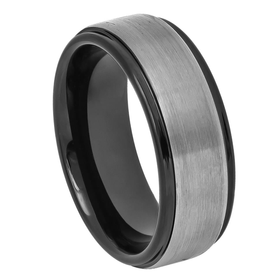 Two-tone Black IP & Gun Metal Brushed Center Stepped Edge - Pasha Fine Jewelry