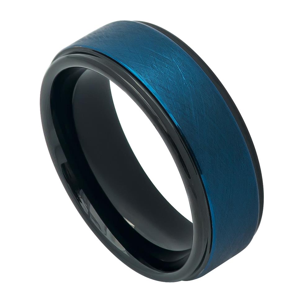 Prussian Blue Tone IP Plated Ice Finish Center High Polished Stepped Edge - Pasha Fine Jewelry
