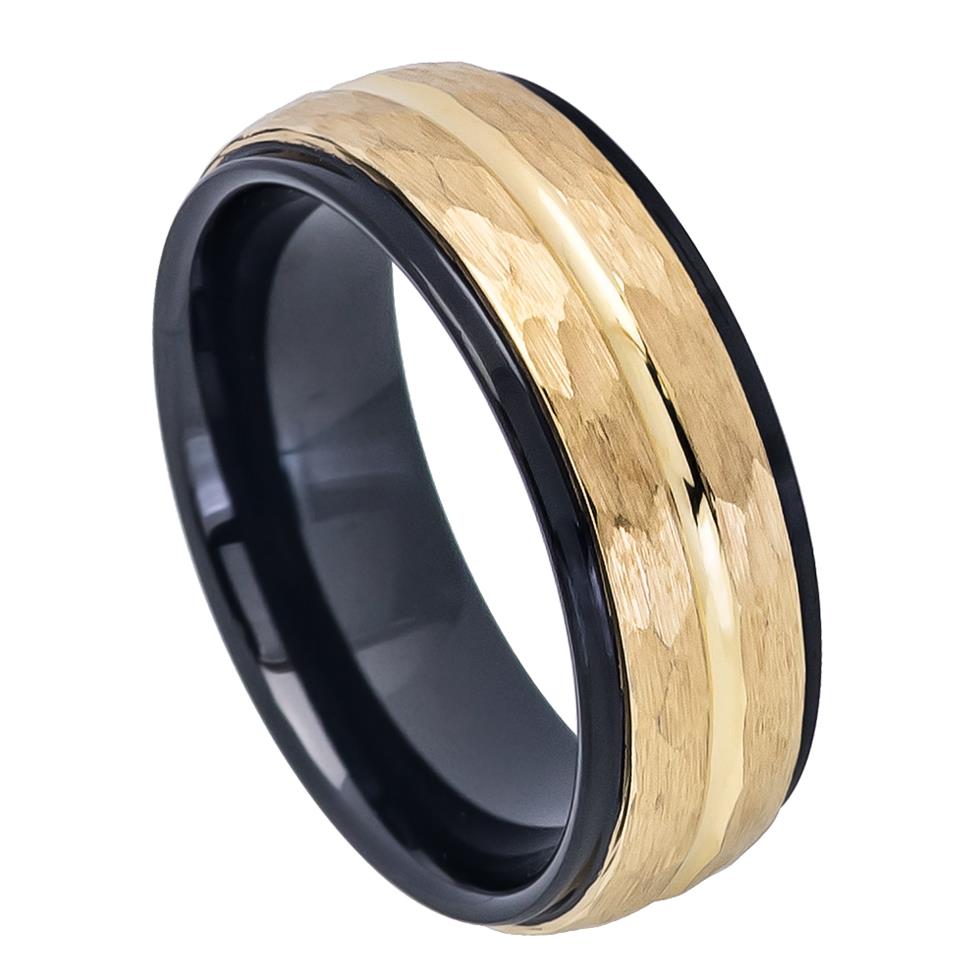 Two-tone Black IP Inside & Yellow Gold IP Hammered Finish with Center Groove Steppe - Pasha Fine Jewelry