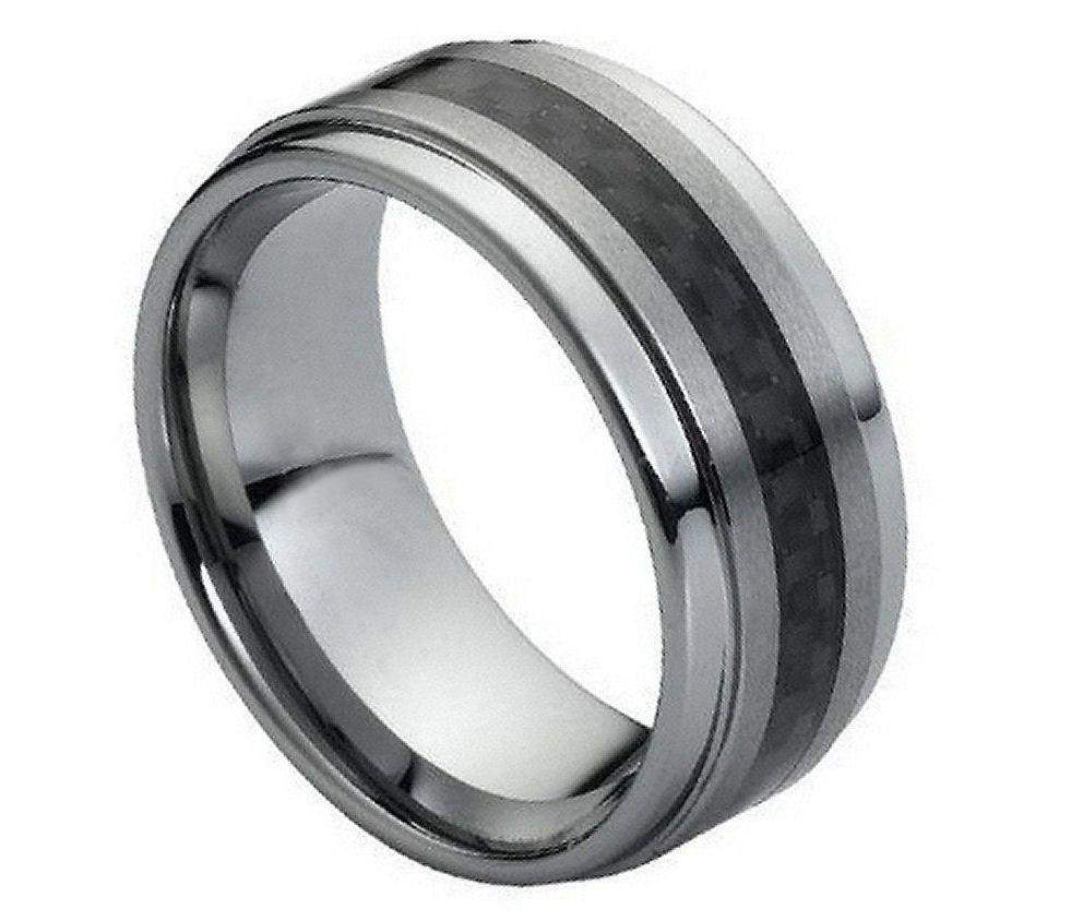 Black Carbon Fiber Inlay on Brushed Center - Pasha Fine Jewelry